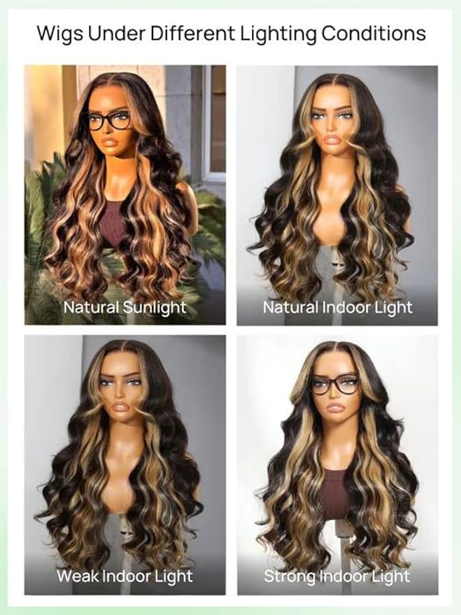 KLAIYI Ombre Highlight Blonde Loose Body Wave Bye Bye Knots Glueless Wigs Human Hair 7x5 Precut Lace Front Pre Plucked Bleached Ready to Wear Go Wig with Face Framing Curtain Bang Caramel Brown 20Inch