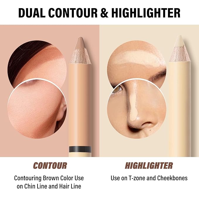 2 in 1 Cream Bronzer and Highlighter Stick,Cream Dual-Ended Highlight Contour Stick,Long Lasting & Waterproof Face Brighten Make up Pen