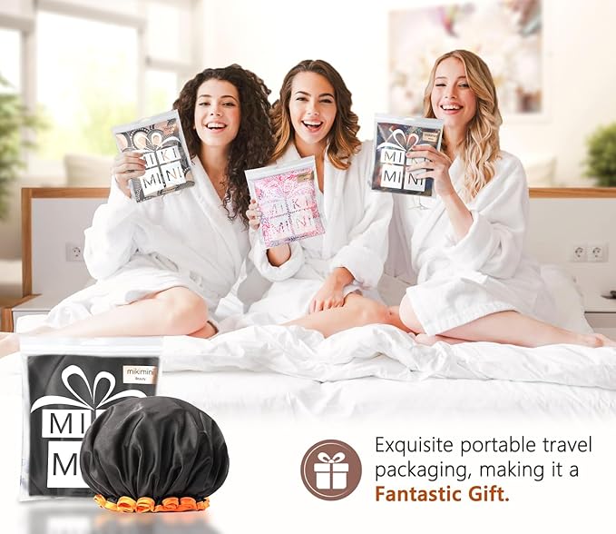 mikimini Black Shower Cap, Double Layers Waterproof Bathing Hair Cap with Reusable Soft Comfortable PEVA Lining, Cute, Non-fading & Stretchy Shower Hat Medium (Pack of 1) Black + Orange