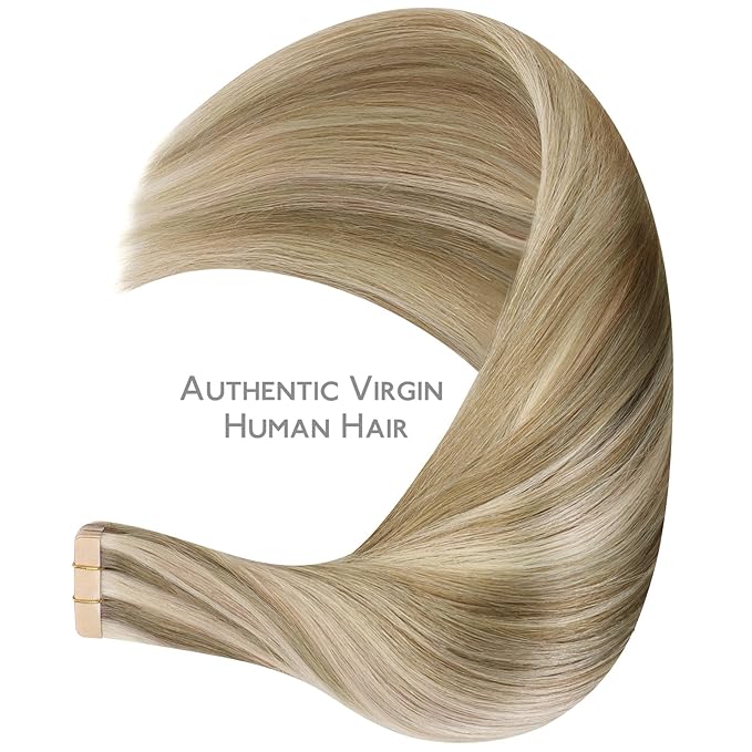 WENNALIFE Tape in Hair Extensions Human Hair Ash Brown with Platinum Blonde Highlights Tape in Extensions, 10pcs 30g 22 inch Remy Invisible Tape Ins Straight Colored Soft Refill Set
