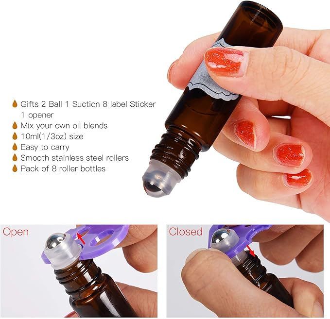 ULG 4/8/12-Pack Essential Oil Roller Bottles 10ml, Empty Bottles with Stainless Steel Roller Balls and Waterproof Labels, Roller Balls For Essential Oils