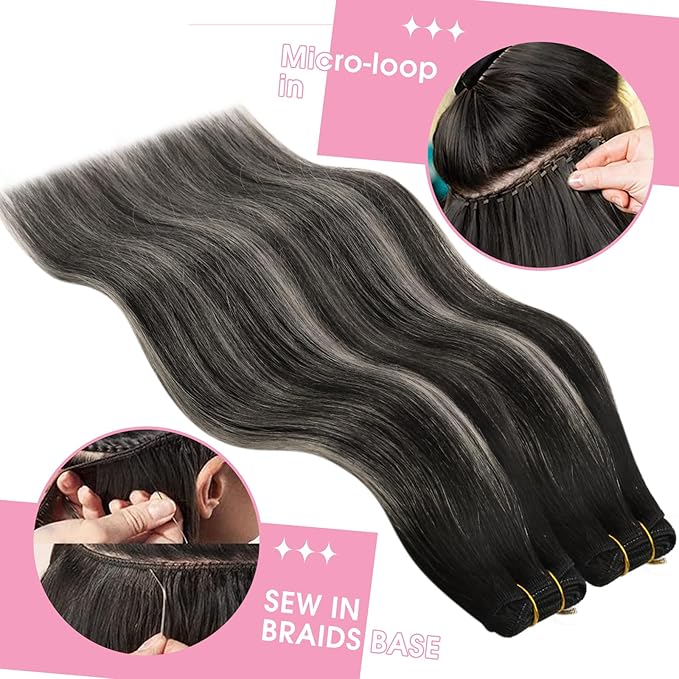 YoungSee Black Weft Hair Extensions Human Hair Balayage Sew in Hair Extensions Ombre Double Weft Human Hair Extension Natural Black Mix Silver Blonde 16 inch 100g