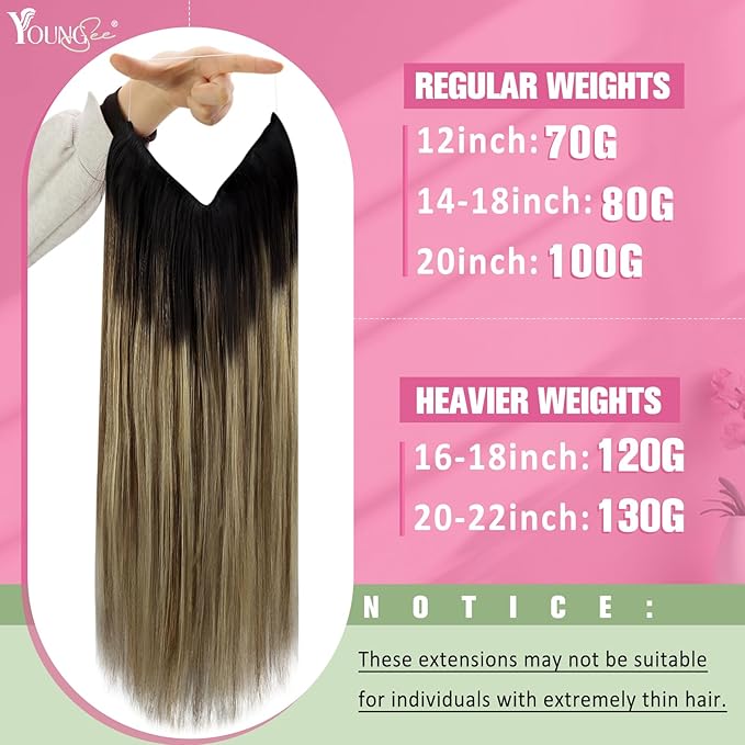 YoungSee Wire Hair Extensions Balayage Wire Hair Extensions Real Human Hair Ombre Fish Line Extensions Dark Brown Roots to Medium Brown with Blonde Dyable Remy Hair 14Inch 80G