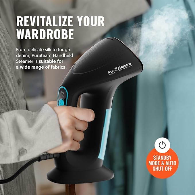 PurSteam SteamPulse Pro Handheld Steamer for Clothes, Portable Handheld Fabric and Garment Travel Steamer Iron Press Wrinkle Remover with Fabric Brush