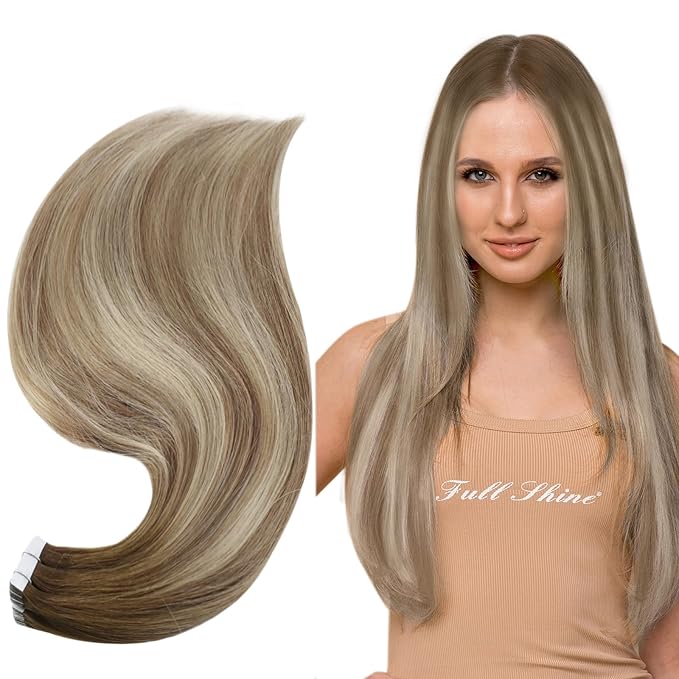 Full Shine Tape in Hair Extensions 22Inch Skin Weft Tape in Color Dark Brown 3 Fading to 8 and 22 Blonde Seamless Remy Invisible Natural Human Hair Extension 20Pcs for Women 50Gram Soft