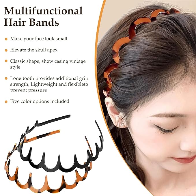 5 PCS Zig Zag Headbands for Women Non Slip, Recycled Plastic Tortoise & Black Headbands with Teeth for Slicked Back Styles, high skull headband Comfortable Comb Hairbands for Women & Girls