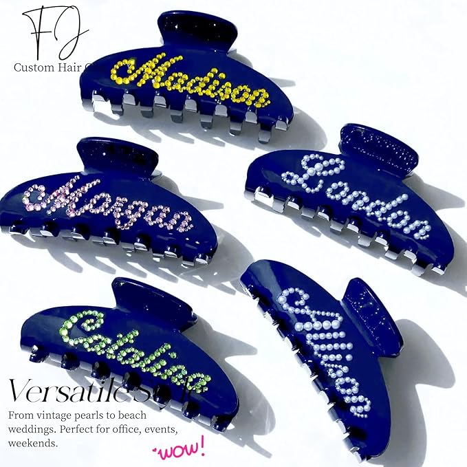 Personalized Colorful Name Hair Claw Clips for Women,Custom Hair Clips with Diamond,Cute Hair Accessories 4",Handmade Rhinestones Hair Clamp Gifts for Mom,Bride,Wife,Bridesmaid,Couples（Deep Blue）