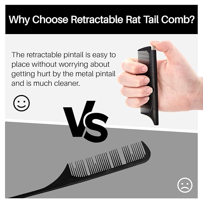 RHOS Carbon Retractable Rat Tail Comb for Parting and Styling, Hair Cutting and Braiding - Stainless Steel Pin Tail Comb, Black