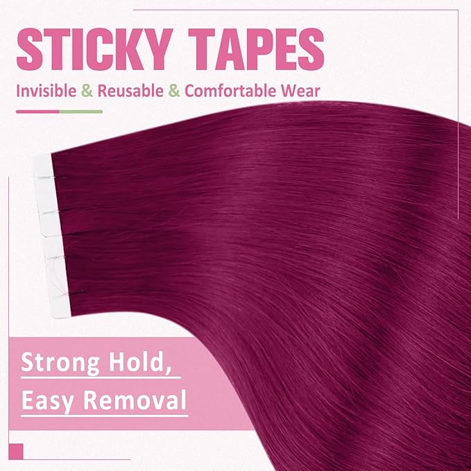 YoungSee Tape in Hair Extensions Magenta Tape in Extensions Human Hair Invisible Tapes Hair Extension Pinkish Red Tapeins Human-Hair Extension Short for Special Occasions 10Pcs 25G
