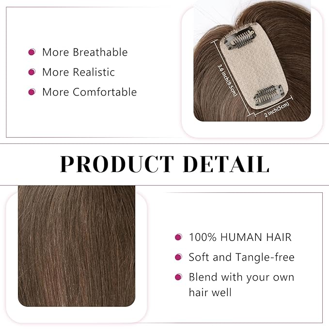 VERNA Hair Toppers for Women Real Human Hair 360°3D Cover Bangs Hair Clip,100% Real Human Medium Brown Clip in Bangs,Hairpieces for Daily Wear(5 * 9.5)