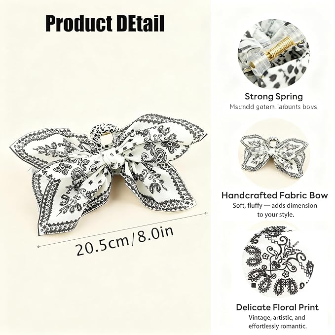 2Pcs Bow Claw Clips Boho Bandana Hair Bow Butterfly Styling Large Hair Clips for Women Large Claw Clips for Thick Hair (White+Black)