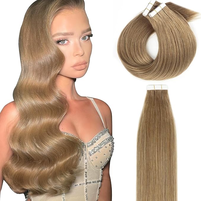 Lacer Tape in Hair Extensions Human Hair Skin Weft Gold Brown Remy Tape in Hair Extensions 14 Inch Full Thick Ends Adhesive Hair Pieces for Women 50g/20pcs