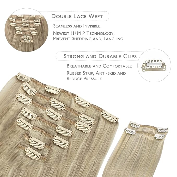 WENNALIFE Clip in Hair Extensions, 150g 22 Inch 9pcs Ash Blonde to Golden Blonde and Platinum Blonde Human Hair Extensions Thicker Clip in Hair Extensions Real Human Hair Clip Set Double Weft