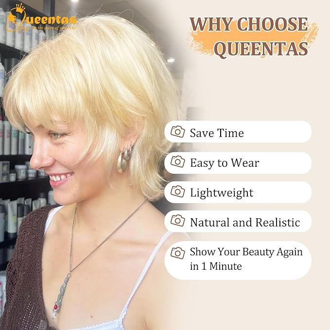 QUEENTAS Short Blonde Hair Toppers for Women with Thinning Hair Piece 360°3D Cover with 5 Clips Wispy Bangs 6.5"*6" Large Coverage Synthetic Hairpieces for Men(Mixed Blonde/#613)