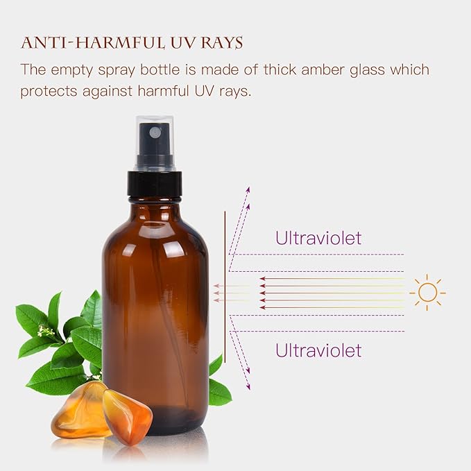 ULG Fine Mist Sprayers 4 oz Amber Boston Bound Glass Bottles 8 Pieces Empty Spray Atomizer Aromatherapy Cosmetic Sprays Including Waterproof DIY Labels