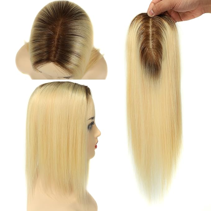 Womens Real Human Hair Toppers for Thin Hair #T3/60, 14 Inch Length 3x5 Inch Injected Silk Base 130% Density Hair Pieces