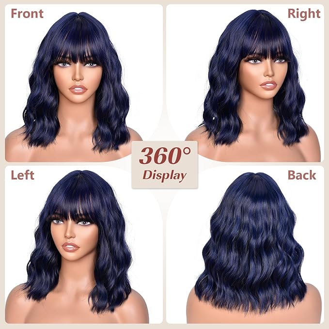 Dark Blue Bob Wig With Bangs Wave Wigs for Women 14 Inch Short Loose Wavy Heat Resistant Synthetic Wig Shoulder Length Hair for Daily and Cospaly Party Use