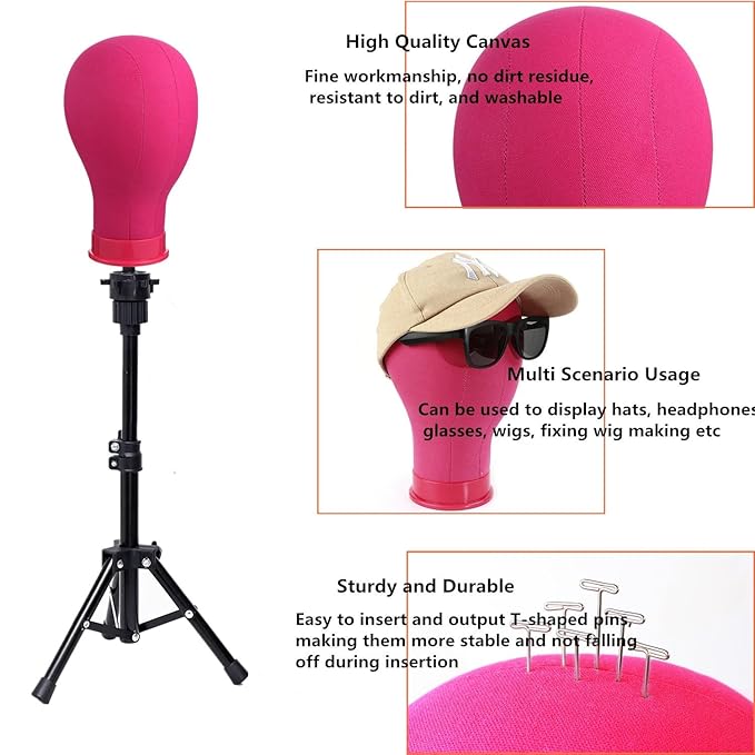 Wig Head 22 Inch Canvas Block Head Wig Stand with Mannequin Head for Wigs Making Display(22Inch, Rose)