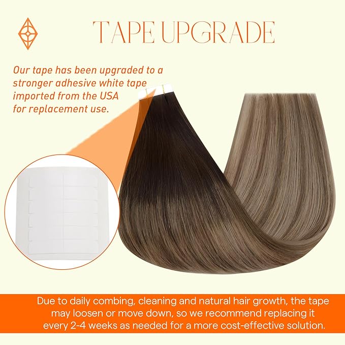 Full Shine Balayage Tape in Hair Extensions Human Hair 12Inch Darkest Brown 2 Ombre 6 Light Brown Highlight 18 Ash Blonde Hair Extensions Tape in 20Pcs 30G Seamless Skin Weft