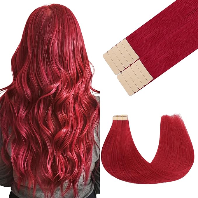GOO GOO Tape in Hair Extensions Human Hair, Red, 18inch 25g 10pcs, Colored Tape ins Human Hair Extensions, Silky&Soft Invisible Tape Ins, Hair Highlighted for Party