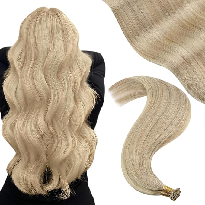 YoungSee I Tip Hair Extensions Blonde I Tip Hair Extensions Human Hair Ash Blond with Blonde Highlight Itip Hair Extension 18 Inch 60s 50g I-Tips Human Hair Extension Natural Looking