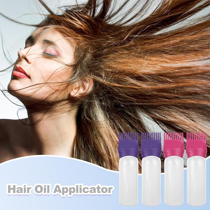 ELANE 4 Pcs Root Comb Applicator Bottle, 6oz, Hair Oil Applicator Bottle for Hair, Dye, Salon, Travel, Camping (Purple+Red)
