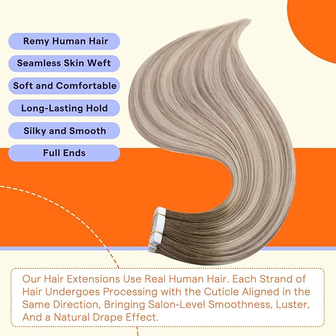 Full Shine Tape Ins Human Hair Extensions 20 Inch Color 8 Ash Brown Fading to 60 and 18 Ash Blonde Seamless Skin Weft Tape in Hair Extensions 20Pcs 50G Double Sided Tape Extensions for Women Real Hair