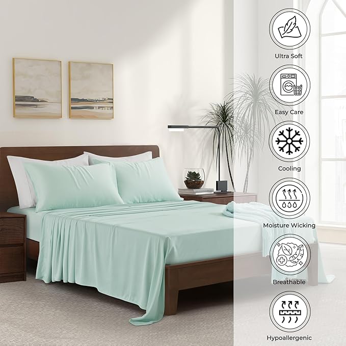 Luxury Bamboo Market | Queen Envelope Pillowcase Set | 100% Viscose Made from Bamboo | Organically Grown | Ultra Soft | Cooling | 2pcs [Coastal Green]