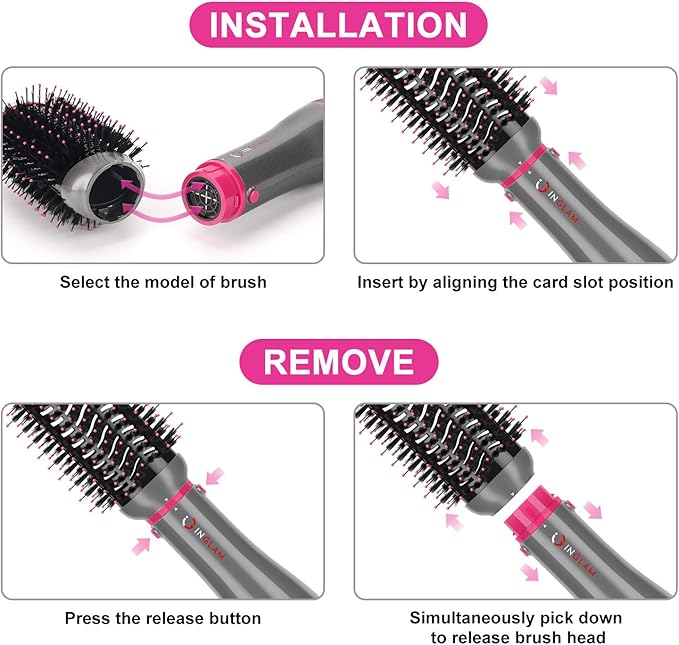 IG INGLAM 4 in 1 Blowout Brush, Negative Ion Detachable Hair Dryer & Styler Volumizer Hot Air Brush with 2 Styling Brush Heads, Silver