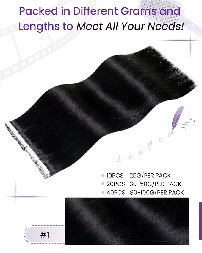 LaaVoo Tape in Hair Extensions Human Hair Jet Black Hair Extensions Tape in Real Hair Tape on Extensions Soft Hair for Women 12inch 20pcs 30g