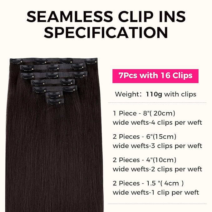 Lashey Seamless Clip in Hair Extensions Human Hair #2 Dark Brown Light Yaki Straight Clip in Extensions Real Human Hair 7pcs 110g 14 Inch PU Weft Natural Hair Extensions for Women