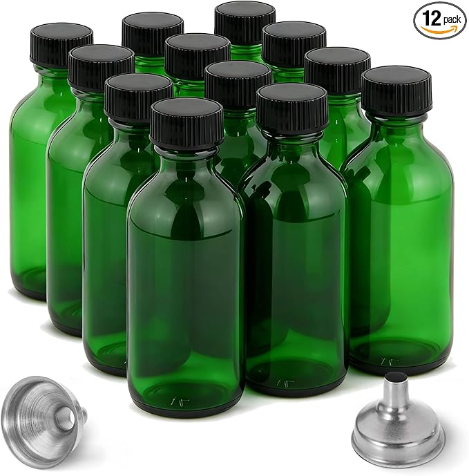 DIDITIME 2 oz Shot Bottles with Caps & Stainless Steel Funnels, Juicing Bottle Reusable Glass, 60ml Small Jars with Lids for Potion, Ginger Shots, Oils, Juice (olive green, 12-pack)