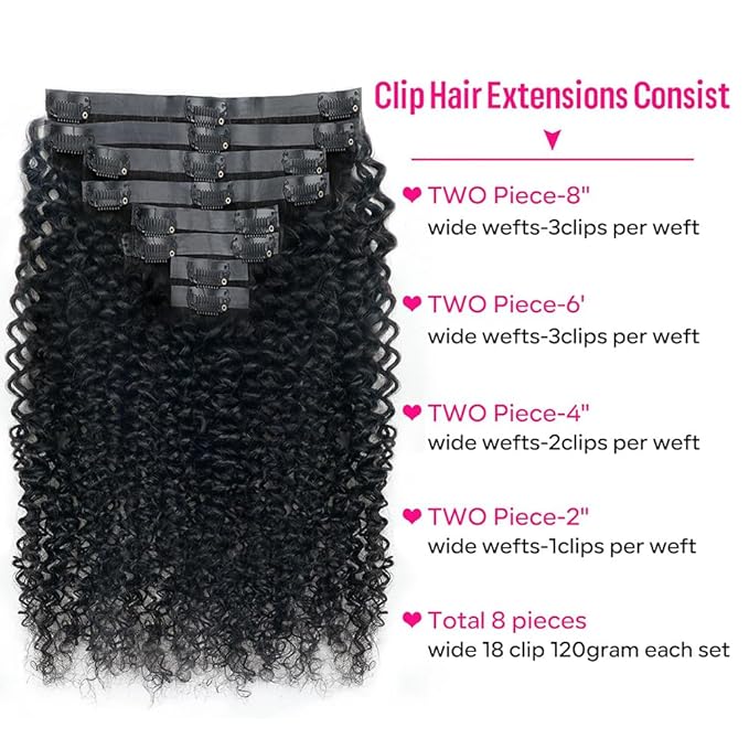 Seamless Curly Clip in Hair Extensions Real Human Hair Brazilian Virgin Human Hair Clip in Extensions 8Pcs Seamless Clip ins for Black Women with 18Clips PU Skin Weft 120g 16inch Natural Black