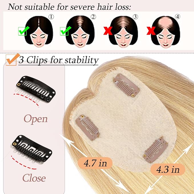 Human Hair Toppers for Women with Thinning Hair Real Human Topper Crown No Bangs 10 Inch #18P613 Ash Blonde mix Bleach Blonde