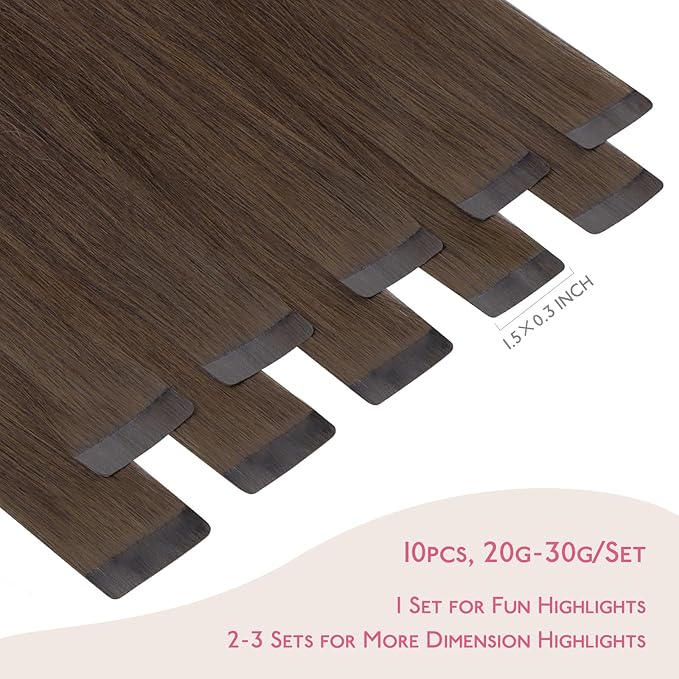 WENNALIFE Tape in Hair Extensions Human Hair Chocolate Brown Tape in Extensions, 10pcs 25g 16 inch Remy Invisible Tape Ins Straight Soft Real Human Hair Tape in Extensions Refill Set Extensions