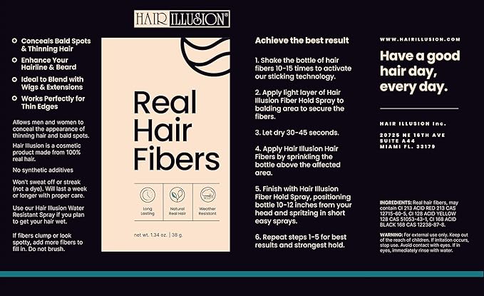 Hair Illusion Black Real Hair Fibers for Thinning Hair - 100% Natural Texture, Non Synthetic Hair Fibers - Bald Spot Cover Up for Women & Men - 38 Gram