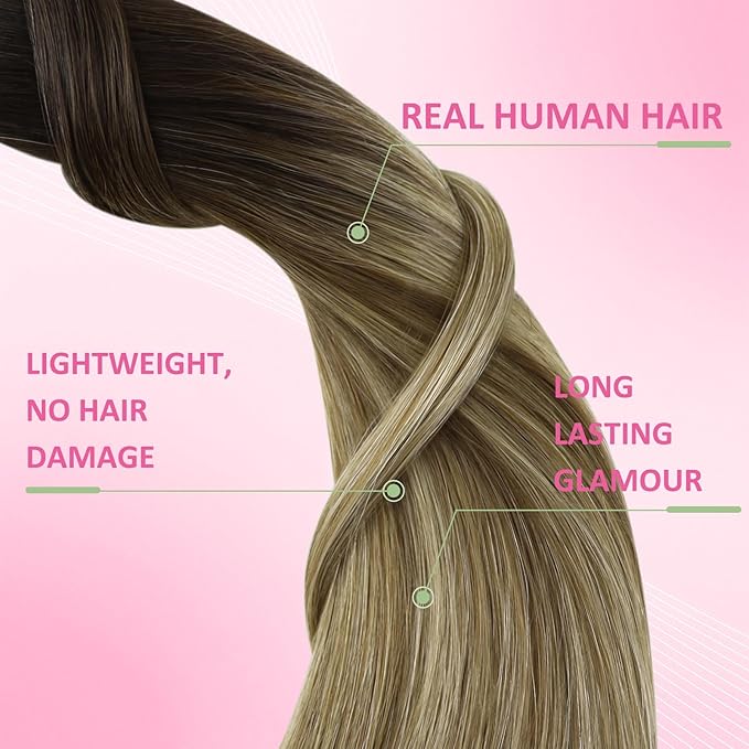 YoungSee Tape in Hair Extensions Human Hair Balayage Dark Brown Tape in Hair Extensions Dark Brown Ombre Medium Brown with Blonde Hair Extension Tape-in -Remy Hair Extension 14In 20pcs 50g