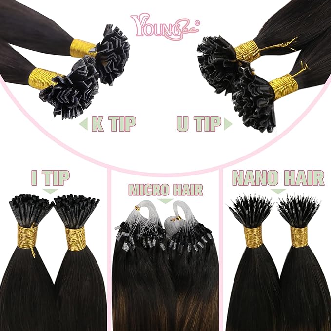 YoungSee K Tip Hair Extensions Human Hair Balayage Keratin Hair Extensions K Tip Ombre Dark Brown to Brown with Blonde Silky 18In 1g/s 50g