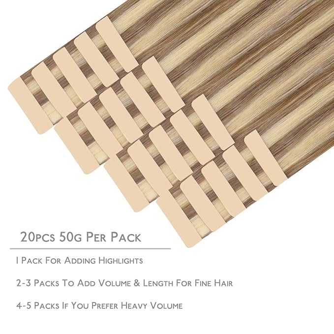 WENNALIFE Tape in Hair Extensions Human Hair, 20pcs 50g 20 inch Ash Brown with Platinum Blonde Highlights Remy Hair Extensions Straight Human Hair Tape in Extensions Skin Weft Tape Extensions