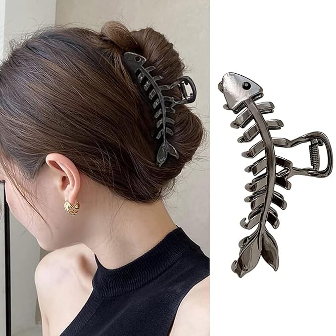 Black Metal Fishbone Hair Clip, 1Pcs - Big Fish Shaped Hair Claw Clips for Women and Girls, Secure Hair Styling and Accessories