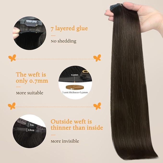 DOORES Seamless Clip-in Human Hair Extensions, Dark Brown 20 Inch 7pcs 110g, Invisi Edge Straight Hair Extensions with Skin Weft