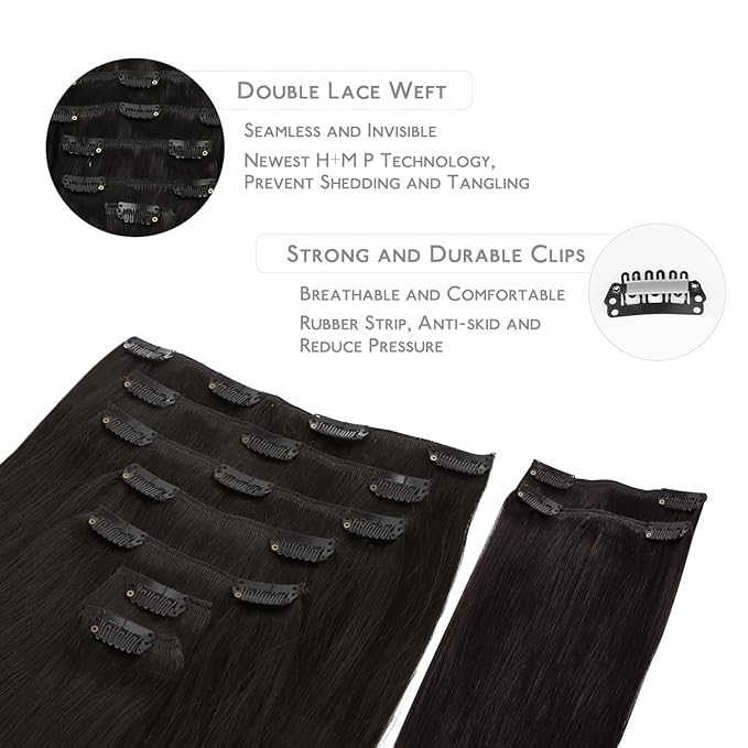 WENNALIFE Clip in Hair Extensions, 150g 24 Inch 9pcs Natural Black Remy Hair Thicker Double Weft Extensiones De Cabello Humano Con Clip Ins Straight Full Volume