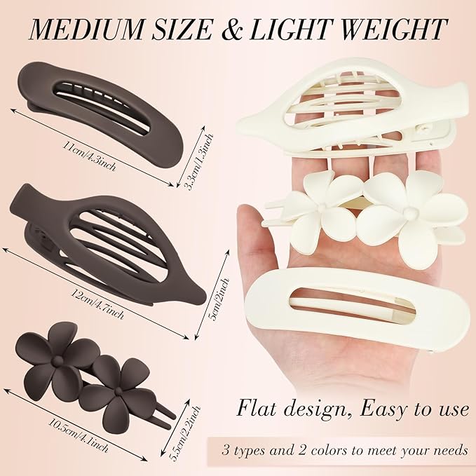 Obeoby 6 PCS Flat Hair Clips for Women, 3 Types French Flat Claw Clips for Thin Thick Hair Barrettes Large Medium (Off-white, dark brown)