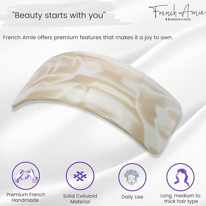 French Amie Broad Curved Oblong Ivory Cream Extra Wide Large Celluloid Acetate Automatic Volume Hair Clip Barrette with Golden Clasp for Women and Girls