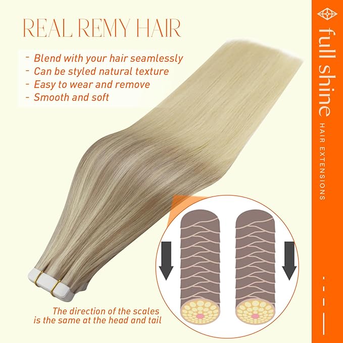 Full Shine Balayage Tape in Extensions Real Human Hair 16Inch 18 Ash Blonde Fading to 22 Light Blonde Highlights 60 Seamless Tape in Hair Extensions Seamless Invisible Skin Weft Remy Hair 50G 20Pcs
