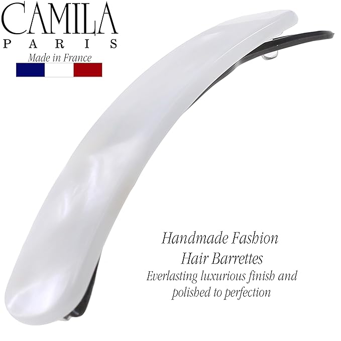 Camila Paris CP3361 French Hair Barrette Clip for Girls, Handmade, White, Metal-Free Closure Strong Hold Grip Hair Clips for Women, No Slip and Durable Styling Girls Hair Accessories, Made in France