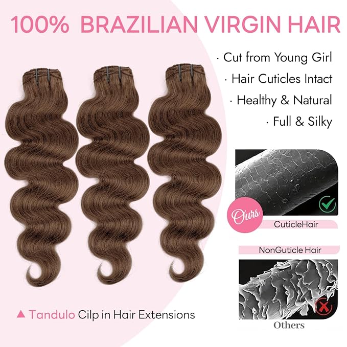 Human Hair Clip In Hair Extensions Body Wave Natural Black Clip in 100% Brazilian Remy Human Hair (#4 Chocolate Brown, 16 Inch)