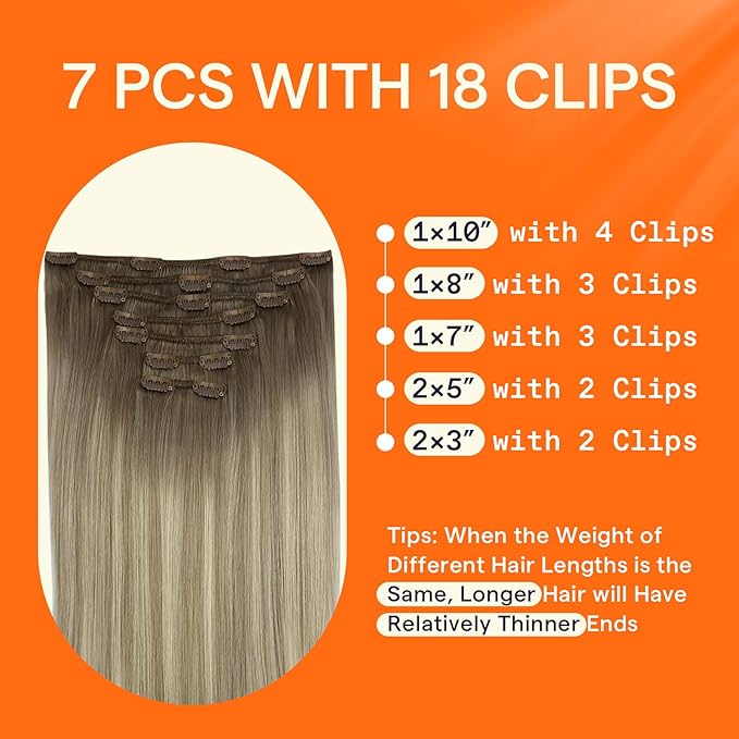 Full Shine Clip in Hair Extensions Ombre Blonde Human Hair Extensions Clip ins Light Ash Brown to Brown Highlight Blonde 16 Inch 7 Pcs Invisible Hair 120 G