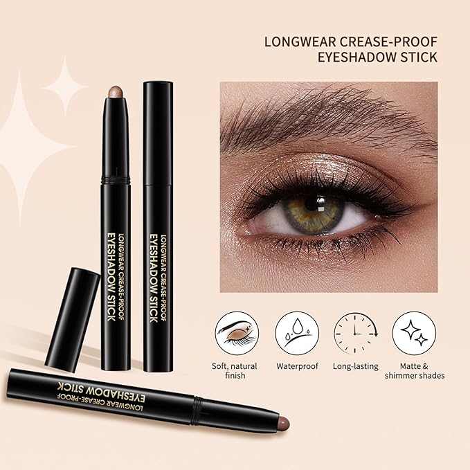 Eyeshadow Stick, Shimmer and Matte Cream Eye Shadow Brightener Sticks Eyeliner Pencil Crayon, Waterproof Long Lasting Eye Highlighter Stick Makeup,0.056 Oz(#1-Caramel)