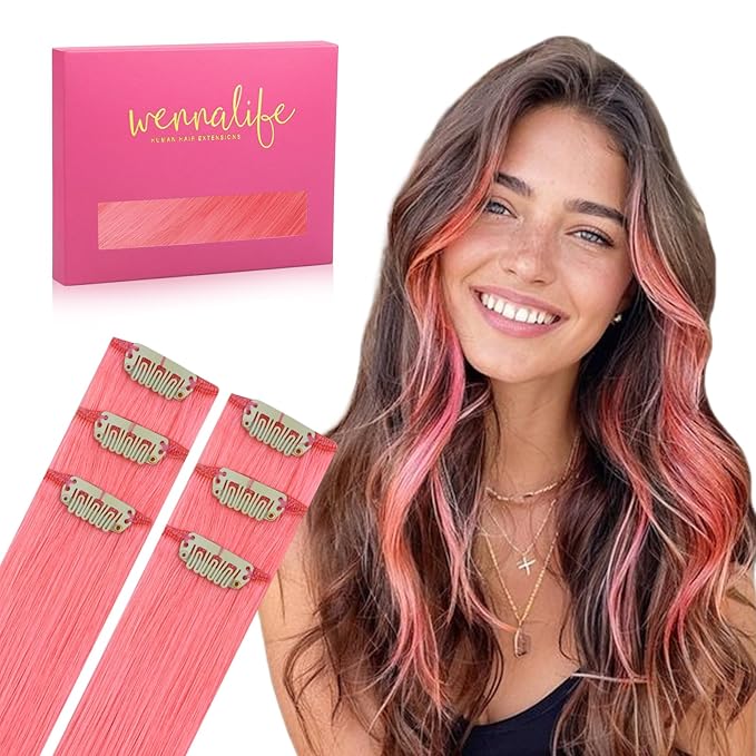 WENNALIFE Light Pink Clip in Hair Extensions Real Human Hair 35g 6pcs 16 Inch Colored Hair Extensions for Kids Women Colorful Hair Pieces Pop-up Style Straight Extensiones De Cabello Humano Con Clip
